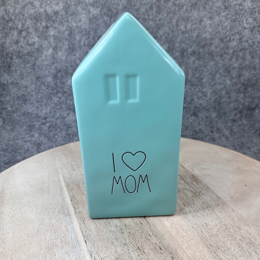 Rae Dunn Teal Blue Ceramic House Flower Vase I Love Mom Mother's Day Gift